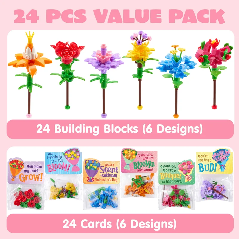24 Pcs Valentines Day Flower Bouquet Building Blocks with Cards