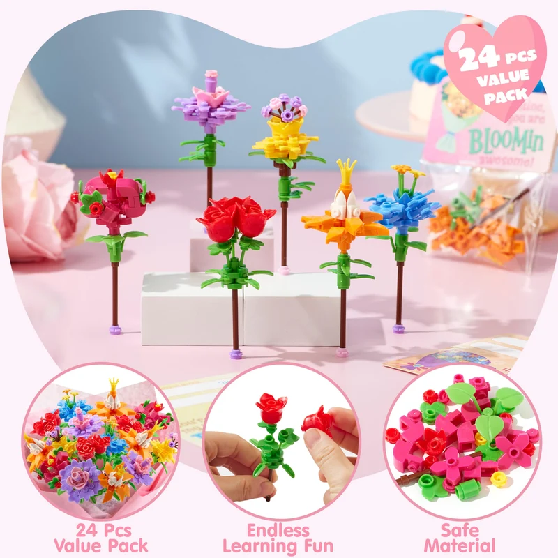 24 Pcs Valentines Day Flower Bouquet Building Blocks with Cards