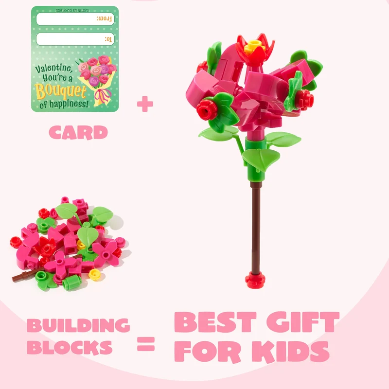24 Pcs Valentines Day Flower Bouquet Building Blocks with Cards