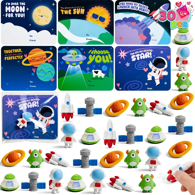 30 PCS Valentines Cards with Space Theme Erasers for Party Favor Gifts