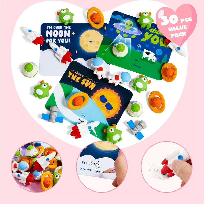 30 PCS Valentines Cards with Space Theme Erasers for Party Favor Gifts