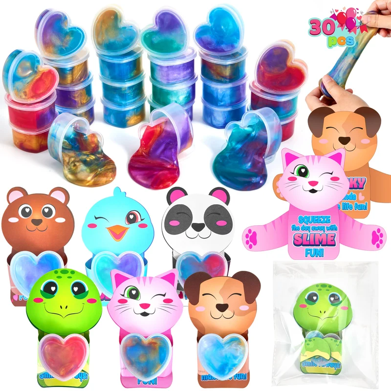 30 Pcs Valentines Day Galaxy Slime Toys with Cute Themed Cards