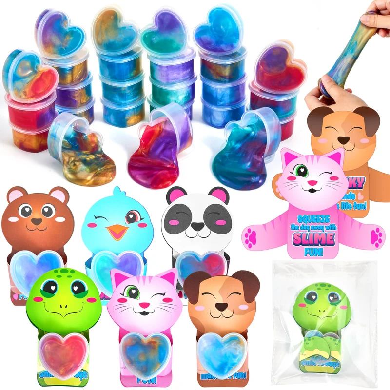 30 Pcs Valentines Day Galaxy Slime Toys with Cute Themed Cards