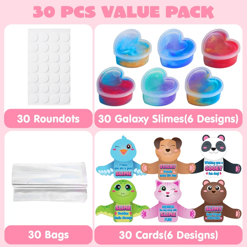 30 Pcs Valentines Day Galaxy Slime Toys with Cute Themed Cards