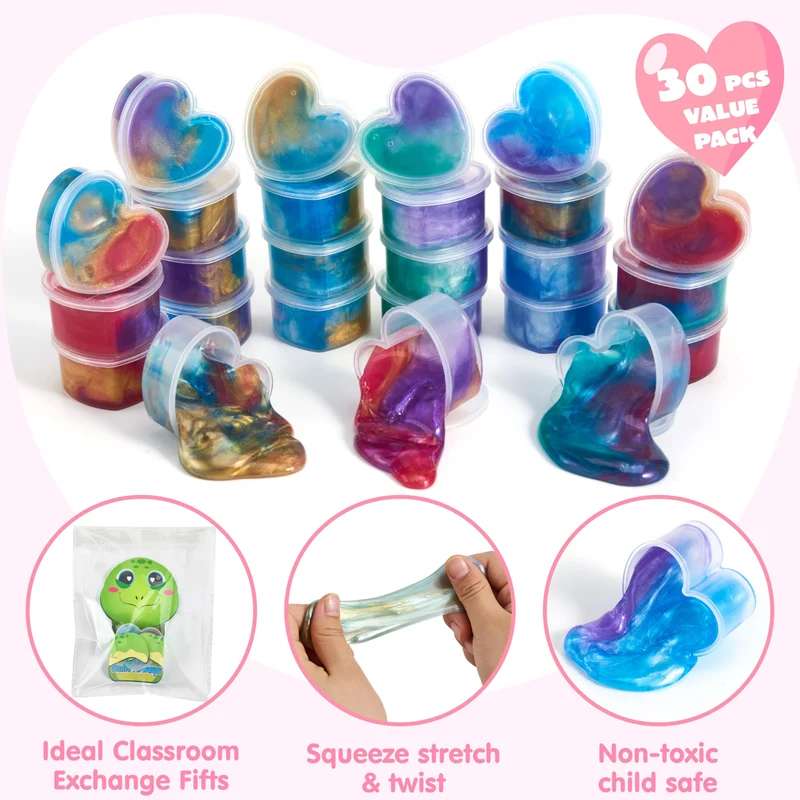 30 Pcs Valentines Day Galaxy Slime Toys with Cute Themed Cards