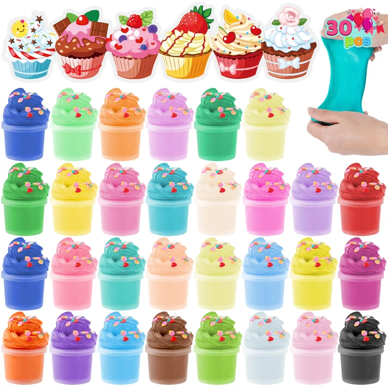 30 Pcs Valentines Day Multi Colored Butter Slime Set with Rubber Slices & Dessert Cards