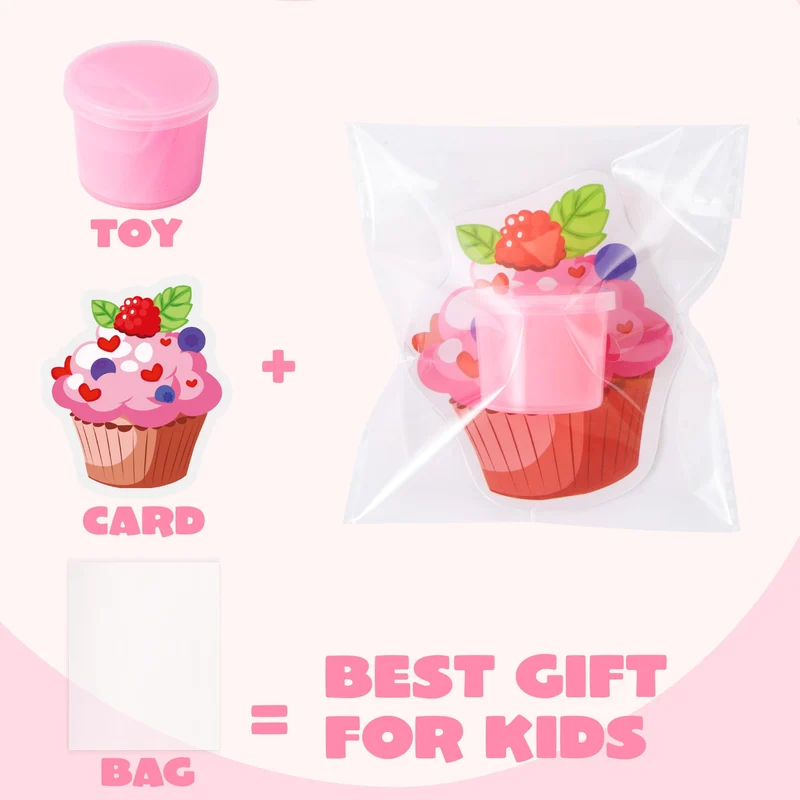 30 Pcs Valentines Day Multi Colored Butter Slime Set with Rubber Slices & Dessert Cards