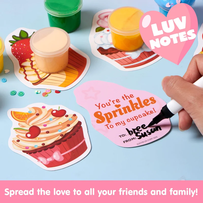 30 Pcs Valentines Day Multi Colored Butter Slime Set with Rubber Slices & Dessert Cards