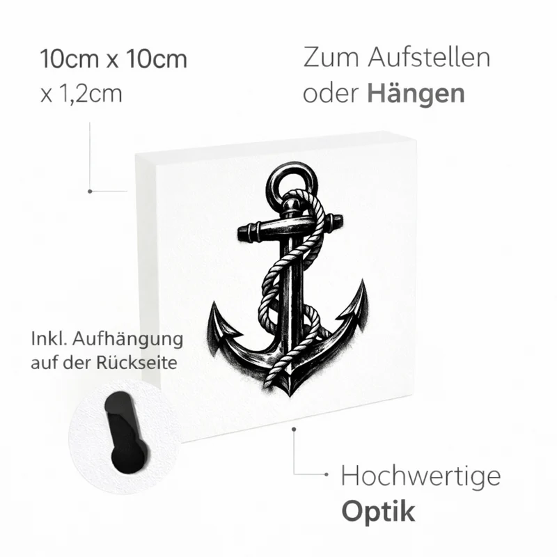 See Geflüster Anker mit Seil Holzbild in 10x10 cm zum Stellen oder Aufhängen