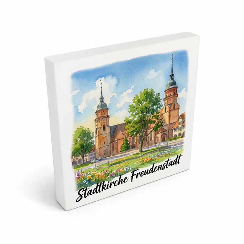 Stadtkirche Freudenstadt Holzbild in 10x10 cm zum Stellen oder Aufhängen Aquarell