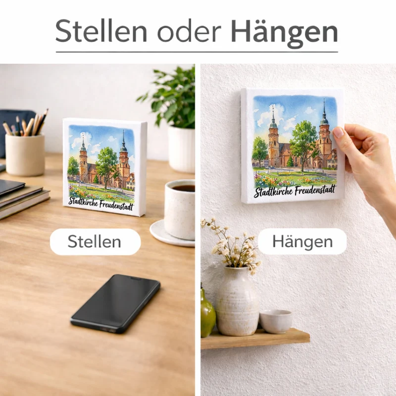 Stadtkirche Freudenstadt Holzbild in 10x10 cm zum Stellen oder Aufhängen Aquarell