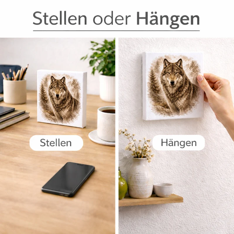Wolfsmagie Wolf Porträt Holzbild in 10x10 cm zum Stellen oder Aufhängen