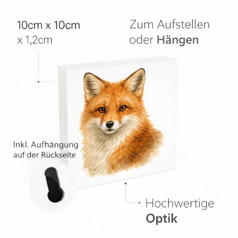 Wild Eyes Fuchs Porträt Holzbild in 10x10 cm zum Stellen oder Aufhängen