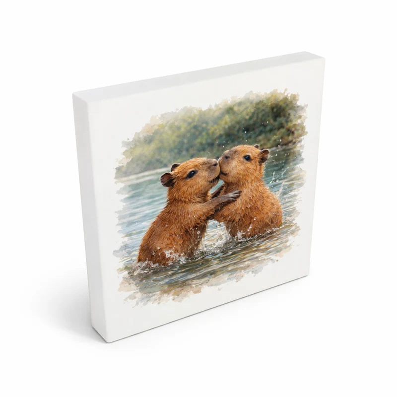 Capy Moments Capybara-Jungtiere Holzbild in 10x10 cm zum Stellen oder Aufhängen