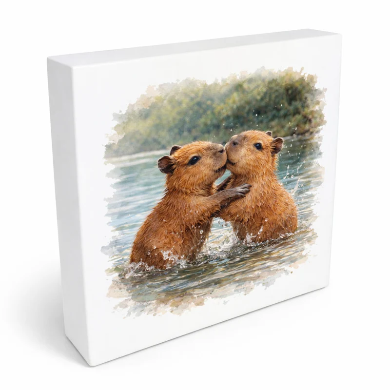 Capy Moments Capybara-Jungtiere Holzbild in 10x10 cm zum Stellen oder Aufhängen