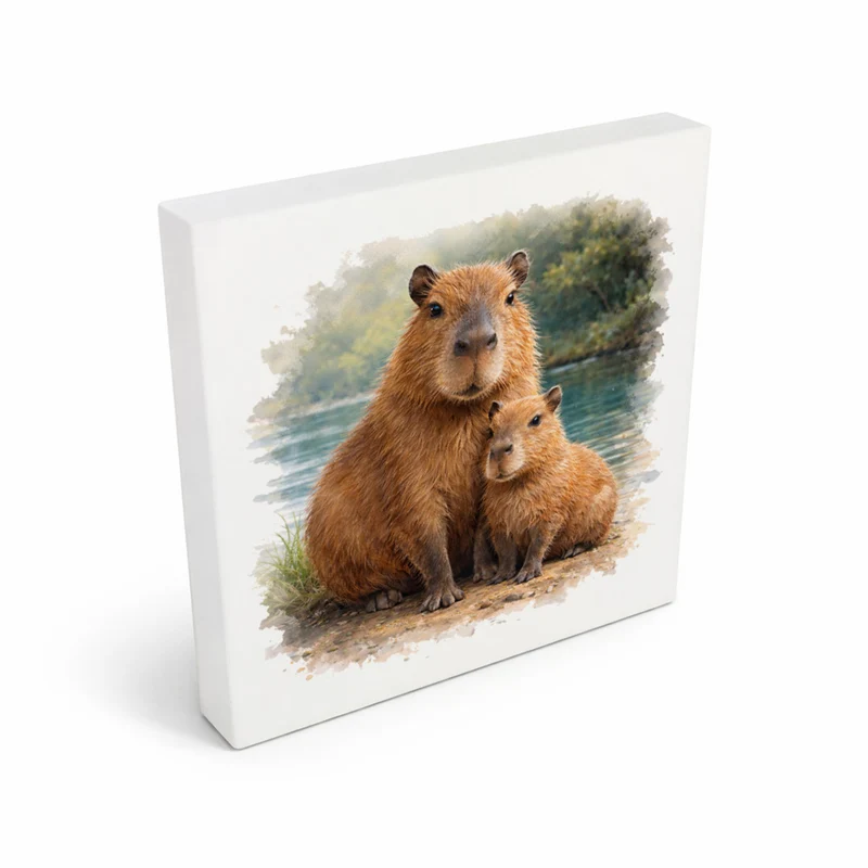 Capy Moments Capybara mit Jungem Holzbild in 10x10 cm zum Stellen oder Aufhängen