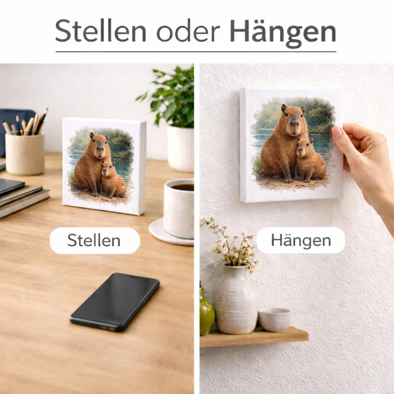 Capy Moments Capybara mit Jungem Holzbild in 10x10 cm zum Stellen oder Aufhängen