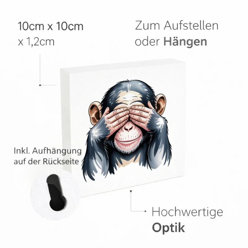 Die drei Affen nichts sehen Holzbild in 10x10 cm zum Stellen oder Aufhängen