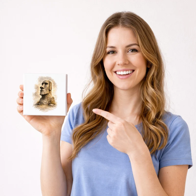 Moai Osterinsel Steinfigur 3 Holzbild in 10x10 cm zum Stellen oder Aufhängen