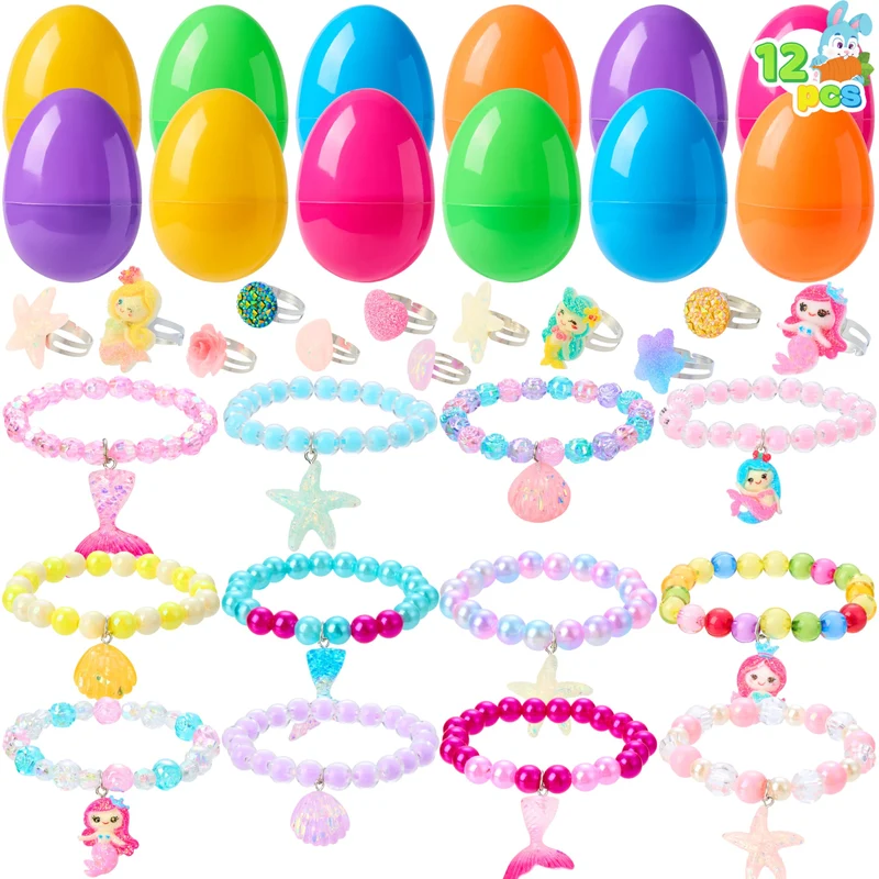 JOYIN 12 Pack Prefilled Easter Eggs with Beads Jewelry Toys
