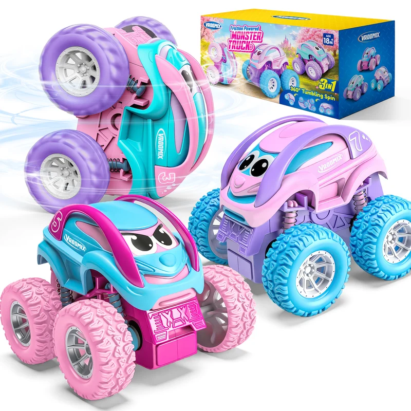 3 Pack Monster Truck Toys, Friction Powered Pull Back Car Toys