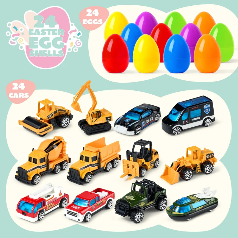 JOYIN 24 Pcs Prefilled Easter Eggs with Vehicle Toys