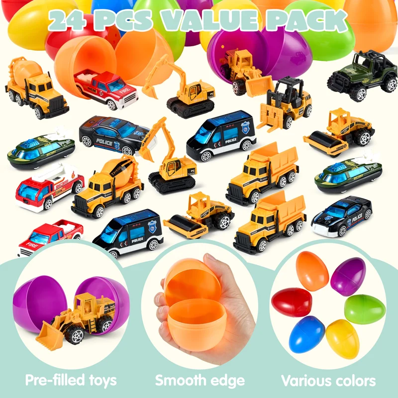 JOYIN 24 Pcs Prefilled Easter Eggs with Vehicle Toys
