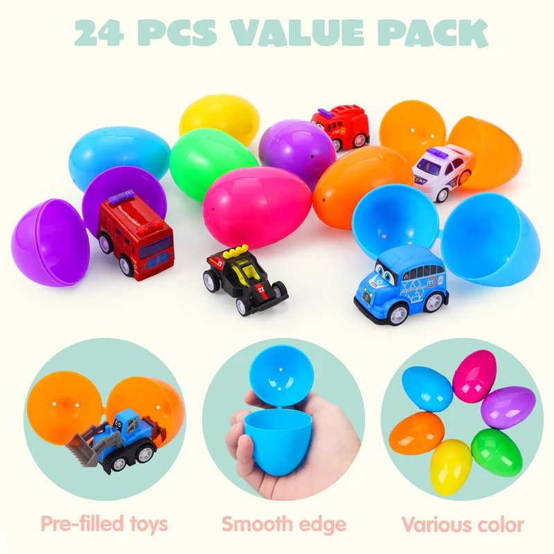 JOYIN 24 Pcs Filled Easter Eggs with Pull Back Construction Cars