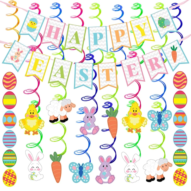 31 Pcs Easter Foil Swirl Hanging Decorations for Party