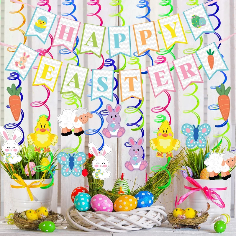 31 Pcs Easter Foil Swirl Hanging Decorations for Party