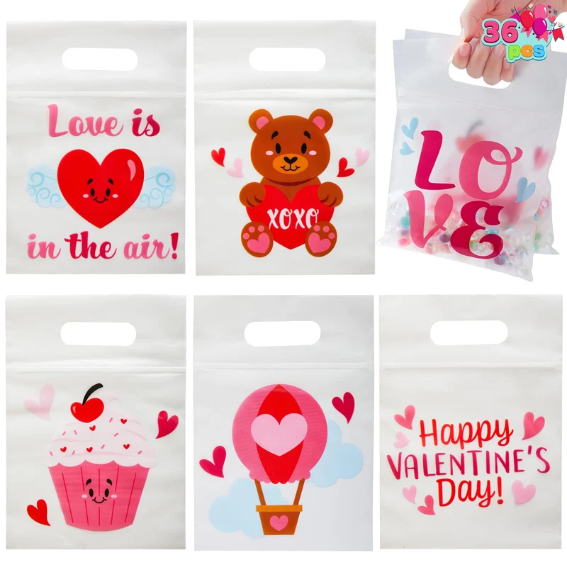 36 Pcs Valentine's Day Cellophane Gift Bags - 6 Designs for Candy, Cookies & Kids Party Favors