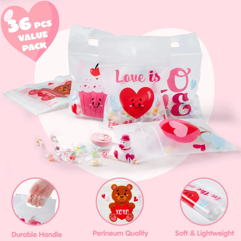 36 Pcs Valentine's Day Cellophane Gift Bags - 6 Designs for Candy, Cookies & Kids Party Favors