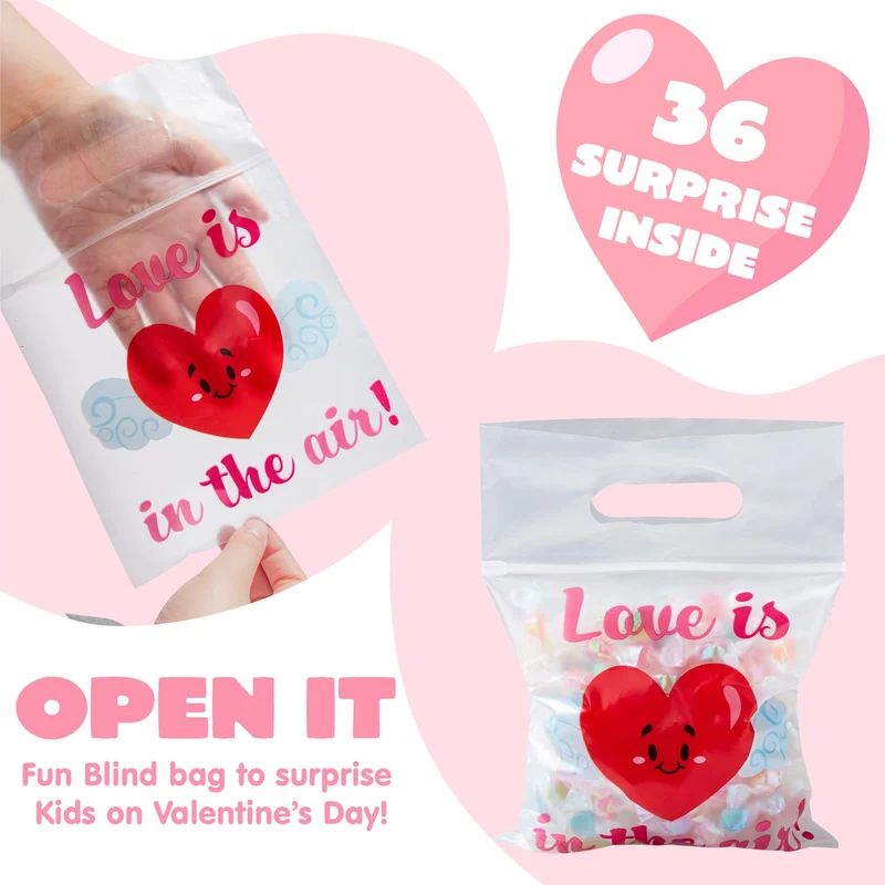 36 Pcs Valentine's Day Cellophane Gift Bags - 6 Designs for Candy, Cookies & Kids Party Favors