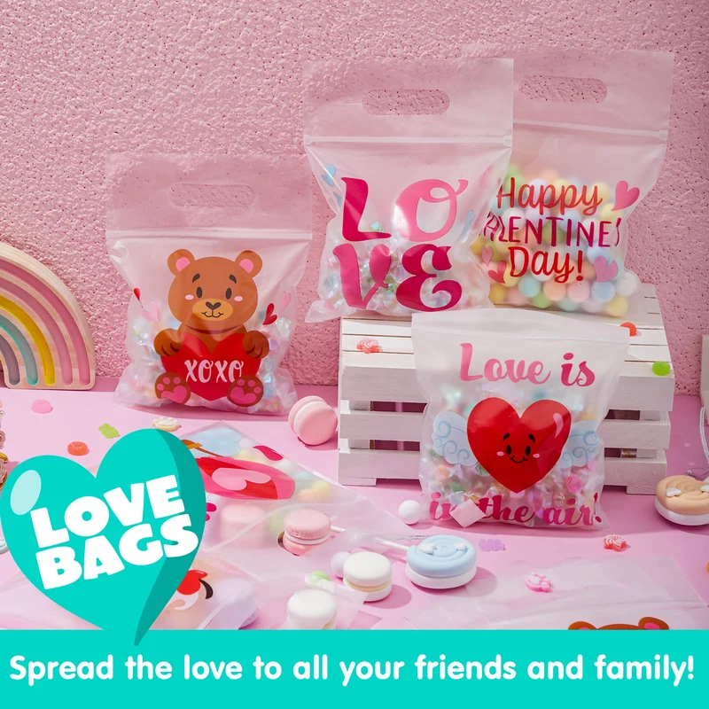 36 Pcs Valentine's Day Cellophane Gift Bags - 6 Designs for Candy, Cookies & Kids Party Favors