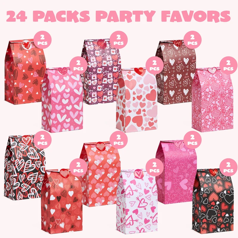 Valentine's Day Paper Gift Bags - 24 Pcs 9.6" with Love Stickers
