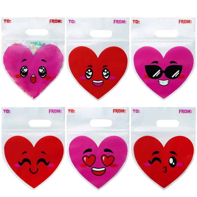 Valentine's Day Cellophane Gift Bags - 48 Pcs Red Pink Heart Design, Candy Treat Bags for Kids Party Favors, Classroom Exchange Prizes & Cookie Bags