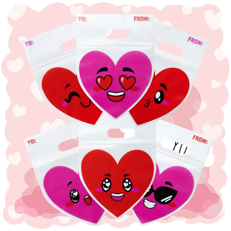 Valentine's Day Cellophane Gift Bags - 48 Pcs Red Pink Heart Design, Candy Treat Bags for Kids Party Favors, Classroom Exchange Prizes & Cookie Bags