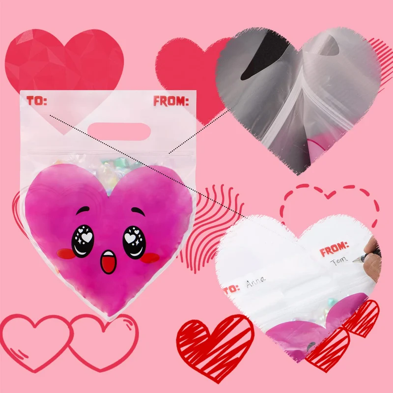 Valentine's Day Cellophane Gift Bags - 48 Pcs Red Pink Heart Design, Candy Treat Bags for Kids Party Favors, Classroom Exchange Prizes & Cookie Bags