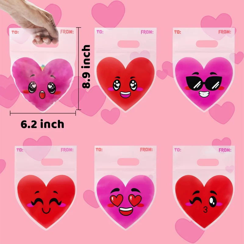 Valentine's Day Cellophane Gift Bags - 48 Pcs Red Pink Heart Design, Candy Treat Bags for Kids Party Favors, Classroom Exchange Prizes & Cookie Bags