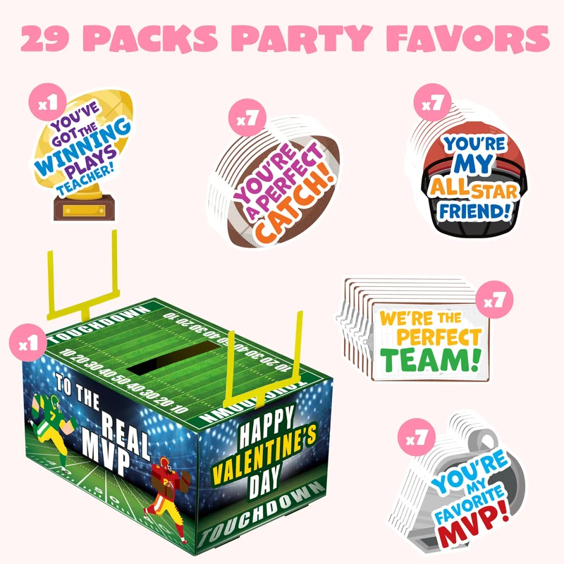 Valentine Boxes Football Classroom Mailbox with Cards for Kids - 4 Designs, 29 Pcs