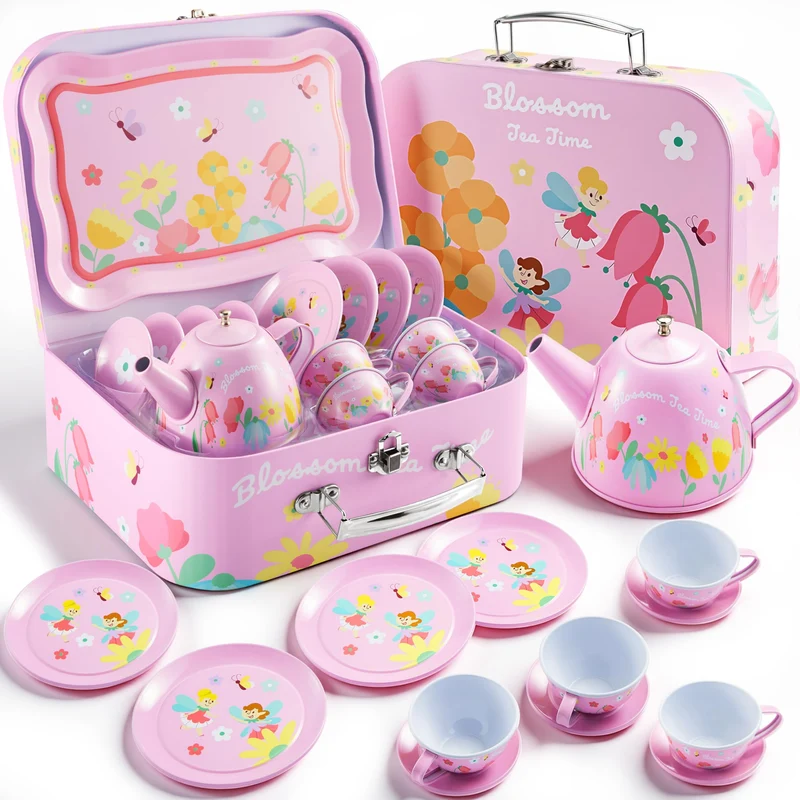 Fairy Blossom Tea Party Set for Girls 3-6 Teapot Set with Cups, Plates & Carrying Case - Leak-Proof Princess Tea Time Toy