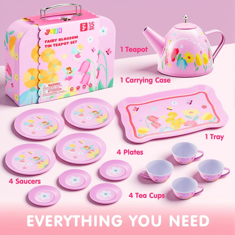Fairy Blossom Tea Party Set for Girls 3-6 Teapot Set with Cups, Plates & Carrying Case - Leak-Proof Princess Tea Time Toy