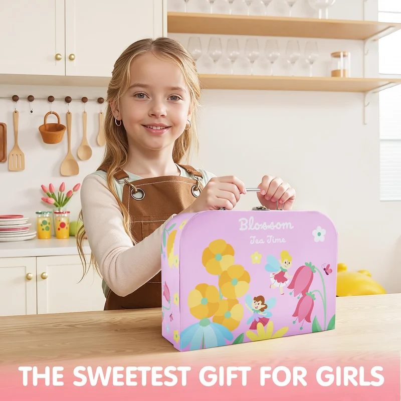 Fairy Blossom Tea Party Set for Girls 3-6 Teapot Set with Cups, Plates & Carrying Case - Leak-Proof Princess Tea Time Toy