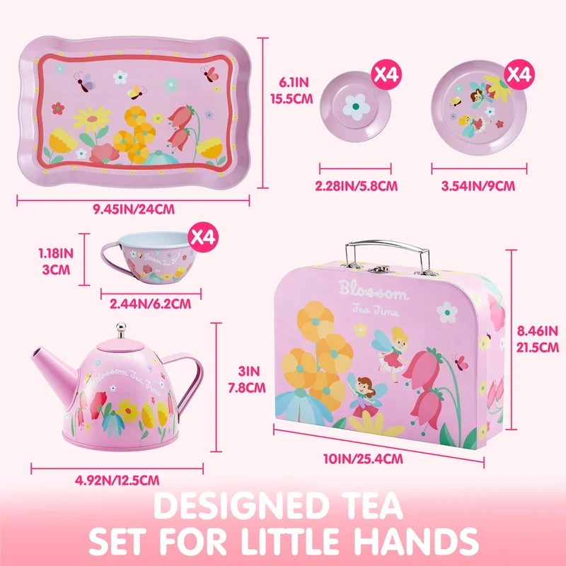 Fairy Blossom Tea Party Set for Girls 3-6 Teapot Set with Cups, Plates & Carrying Case - Leak-Proof Princess Tea Time Toy