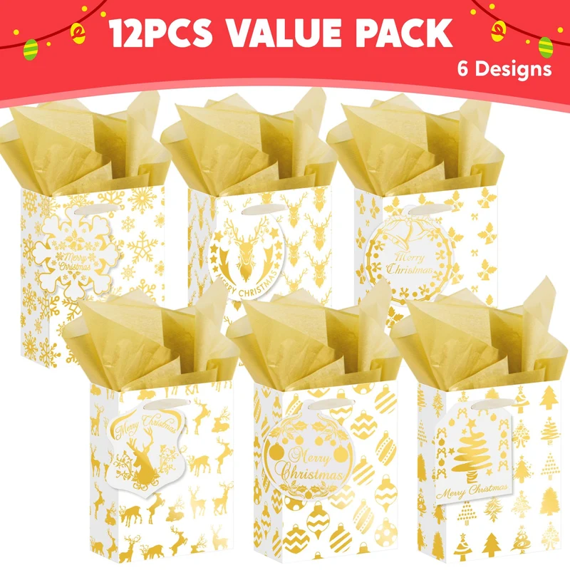 12 PCS Christmas Foil Gold Gift Bags with Tissue Papers and Name Card Tags