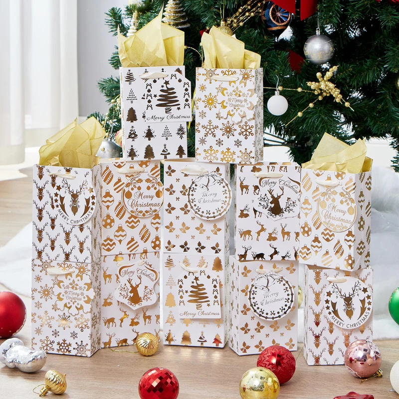 12 PCS Christmas Foil Gold Gift Bags with Tissue Papers and Name Card Tags
