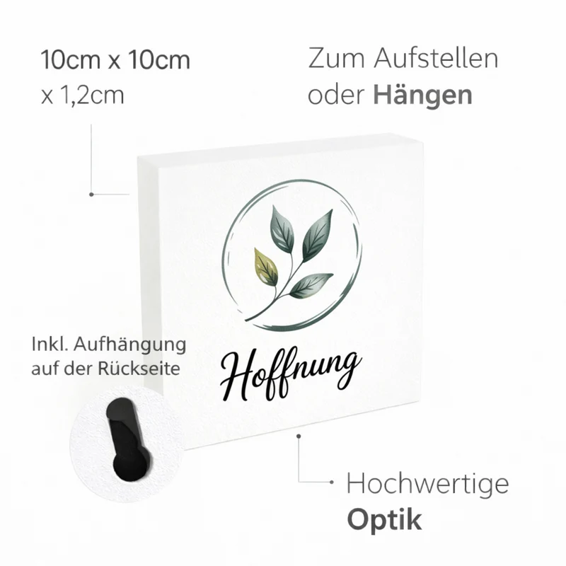 Seelenstärke Blattzweig Holzbild in 10x10 cm zum Stellen oder Aufhängen