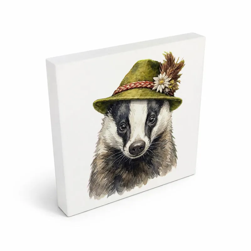 Trachtenhut Wald-Tiere Dachs Holzbild in 10x10 cm zum Stellen oder Aufhängen