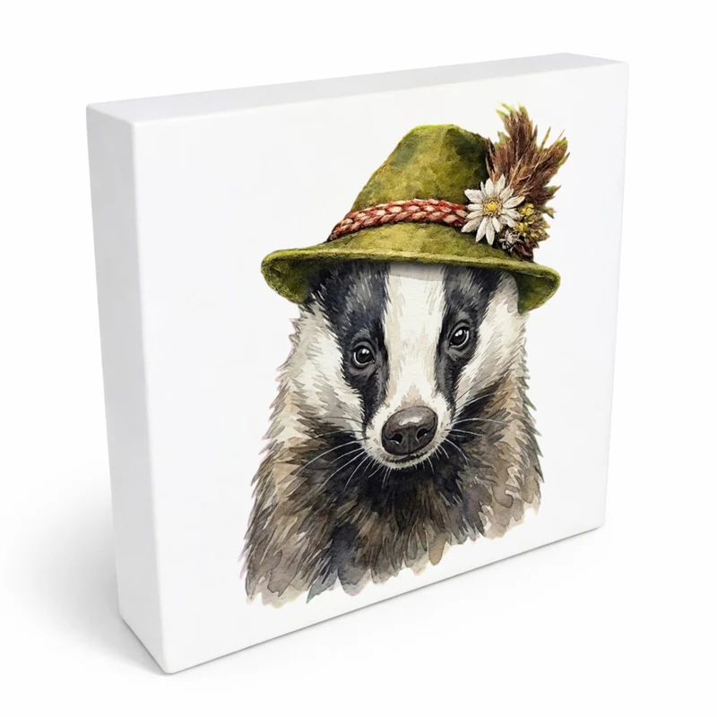 Trachtenhut Wald-Tiere Dachs Holzbild in 10x10 cm zum Stellen oder Aufhängen