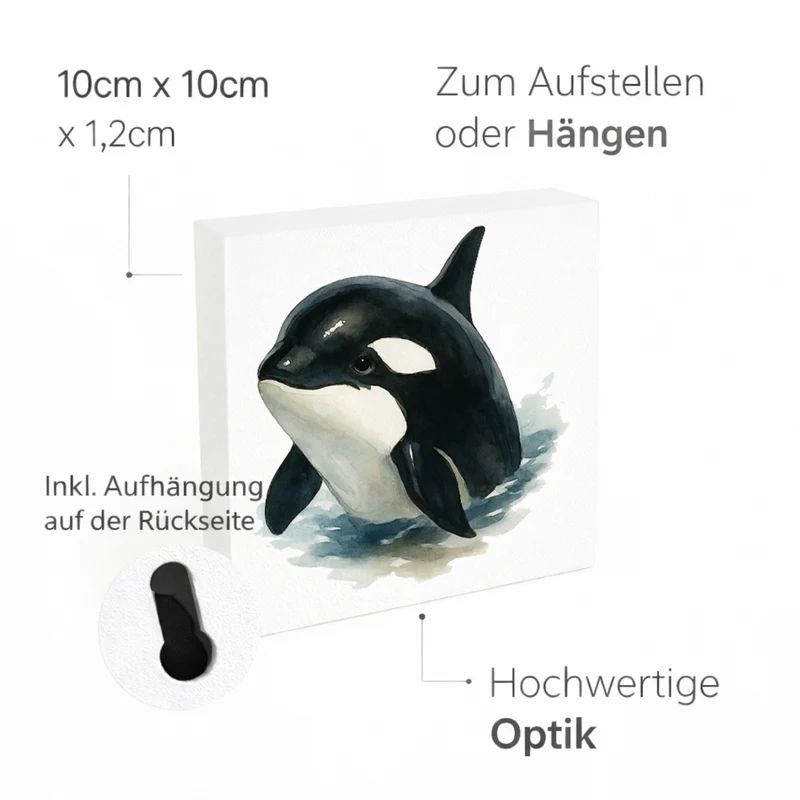Wasserleben Orca Aquarell Holzbild in 10x10 cm zum Stellen oder Aufhängen